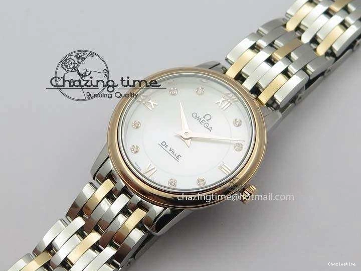 0426 De Ville 27mm SS RG Ladies MK 1:1 Best Edition White MOP Dial Diamond Markers On SS Bracelet Ronda Quartz Chic 8198